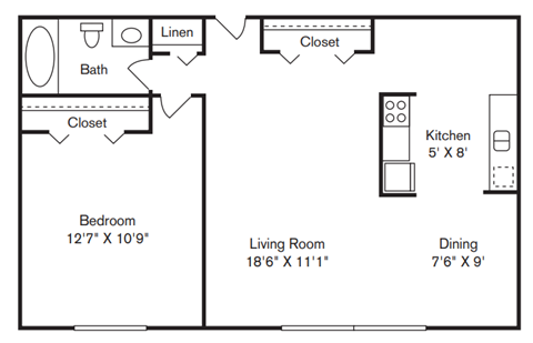 Floor plan for 1 bed, 1 bath, 617 sqft